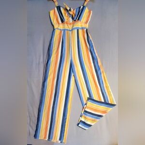 Timing Striped Sleeveless Jumpsuit in Blue, Yellow & Orange